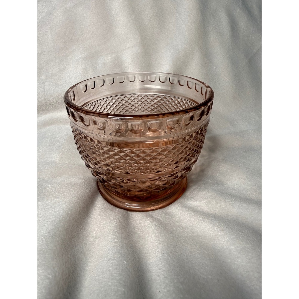 KIG Indonesia Pink Glass Bowl Diamond Point Textured Scalloped Footed Dish